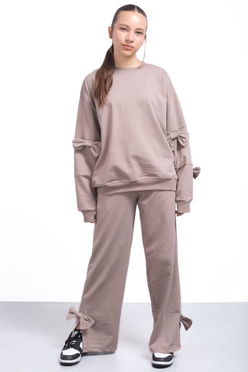 Kahve Yırtmaçlı Paça Fiyonk Detaylı Kız Çocuk 2li Eşofman Takımı 21211