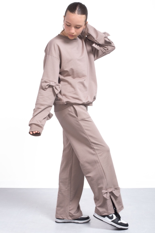 Kahve Yırtmaçlı Paça Fiyonk Detaylı Kız Çocuk 2li Eşofman Takımı 21211