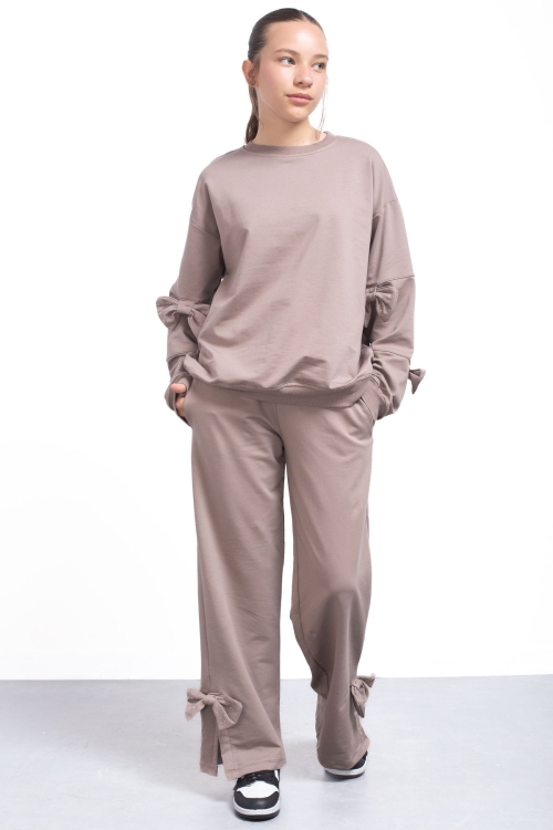 Kahve Yırtmaçlı Paça Fiyonk Detaylı Kız Çocuk 2li Eşofman Takımı 21211