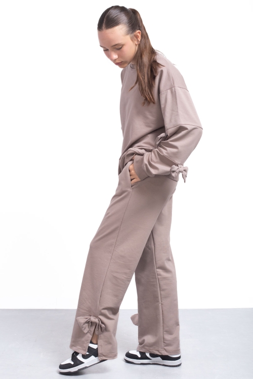 Kahve Yırtmaçlı Paça Fiyonk Detaylı Kız Çocuk 2li Eşofman Takımı 21211