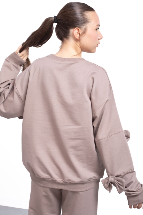 Kahve Yırtmaçlı Paça Fiyonk Detaylı Kız Çocuk 2li Eşofman Takımı 21211