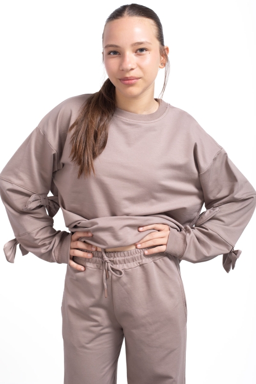 Kahve Yırtmaçlı Paça Fiyonk Detaylı Kız Çocuk 2li Eşofman Takımı 21211