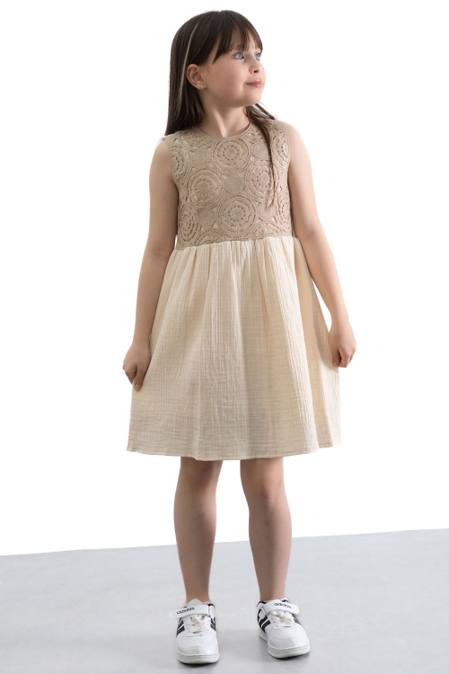 Kahverengi Dantel İşlemeli Müslin Kız Çocuk Elbise 20780