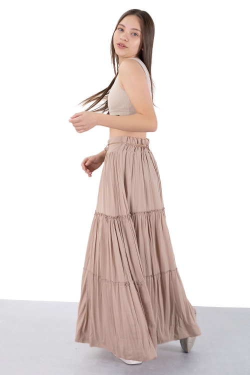 Kahverengi Hasır Kemerli Uzun Kesim Kırışmalı Kız Çocuk Etek 20502