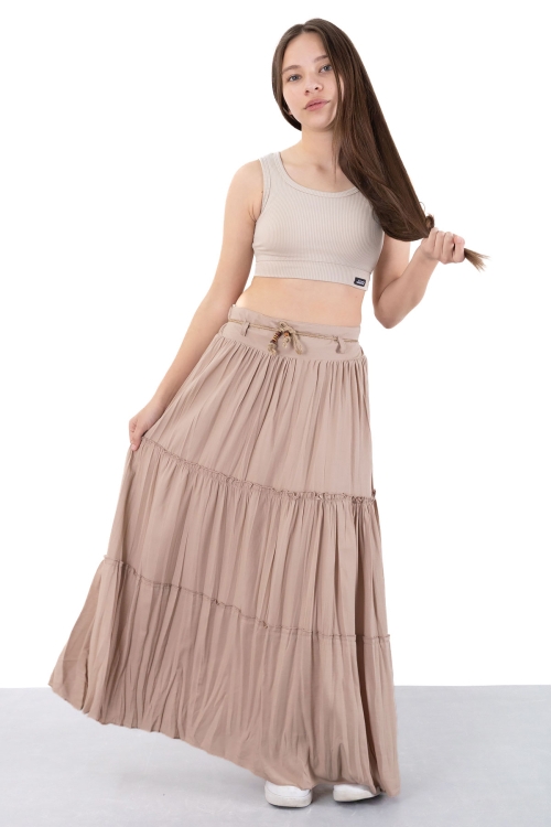 Kahverengi Hasır Kemerli Uzun Kesim Kırışmalı Kız Çocuk Etek 20502