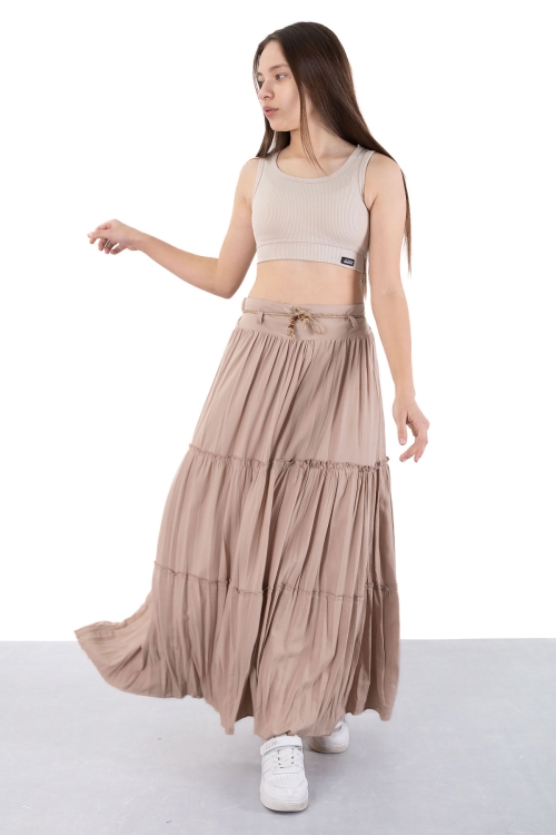 Kahverengi Hasır Kemerli Uzun Kesim Kırışmalı Kız Çocuk Etek 20502