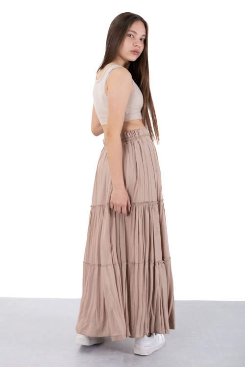 Kahverengi Hasır Kemerli Uzun Kesim Kırışmalı Kız Çocuk Etek 20502