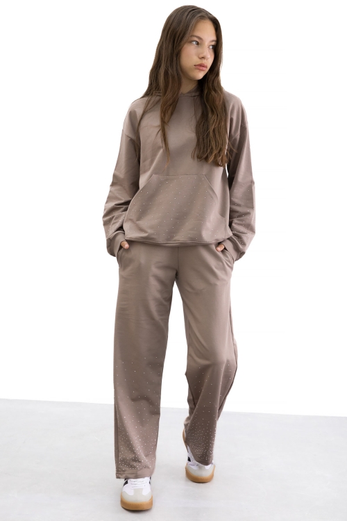 Kahverengi Kız Çocuk Taş Detaylı 2li Takım 21182