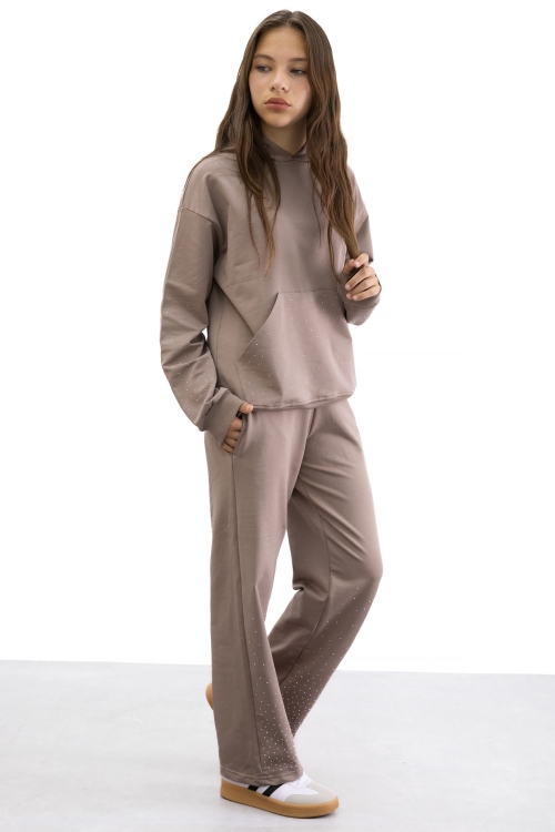 Kahverengi Kız Çocuk Taş Detaylı 2li Takım 21182