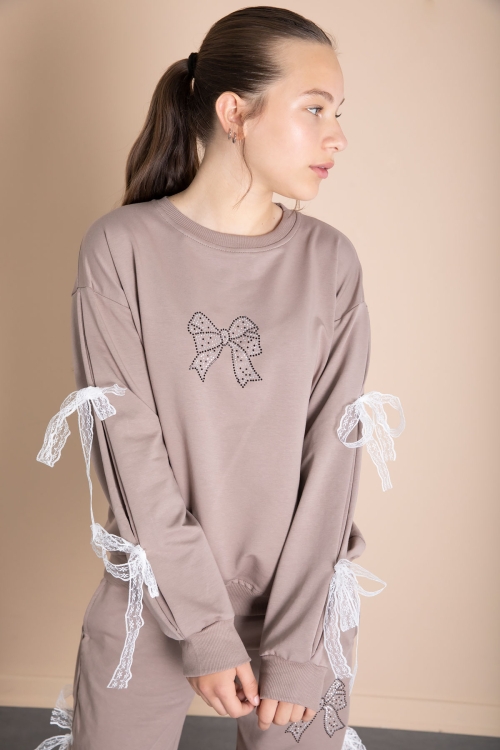 Kahverengi Yanları Fiyonk Detaylı Geniş Paça Kız Çocuk Eşofman Takımı 21198