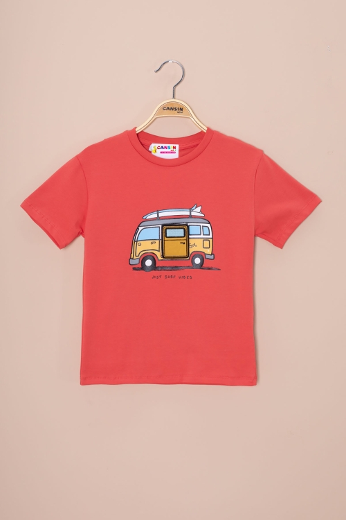 Kiremit Araba Baskılı Nakış Detaylı Erkek Çocuk Bisiklet Yaka Tişört 20954