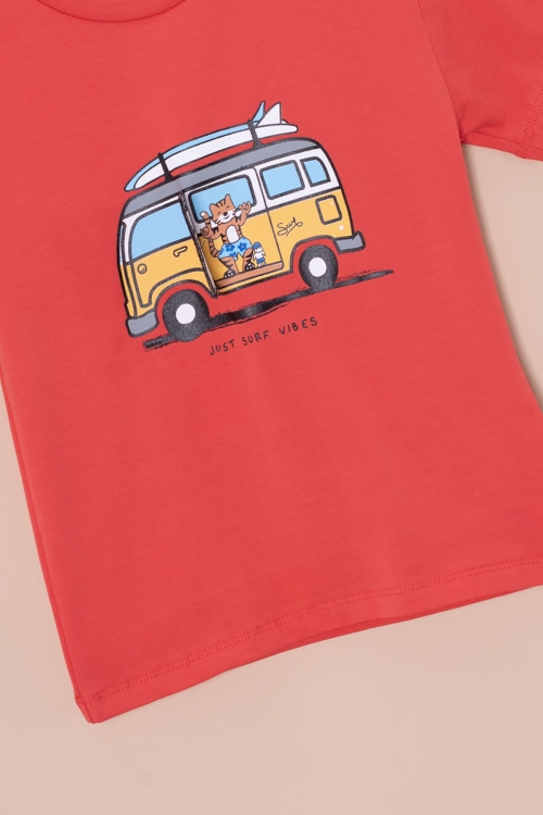 Kiremit Araba Baskılı Nakış Detaylı Erkek Çocuk Bisiklet Yaka Tişört 20954