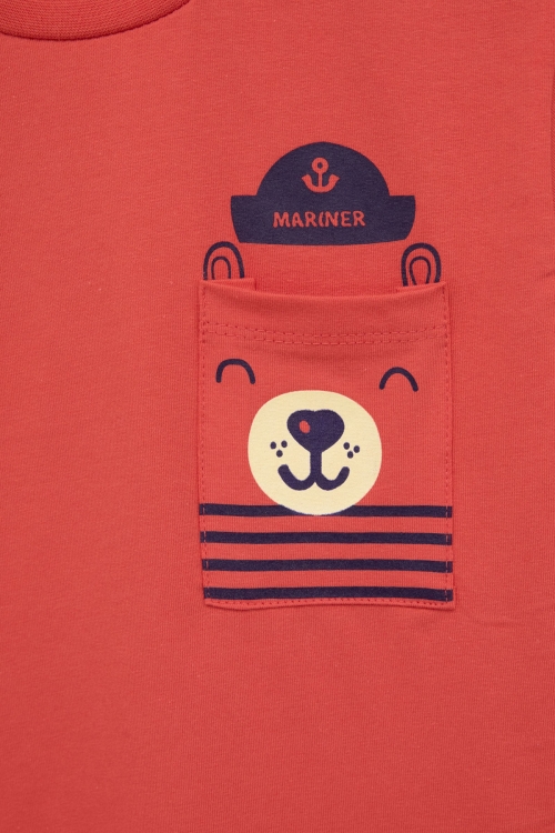 Kiremit Ayıcık Baskılı Cepli Erkek Bebek Tişört 20933