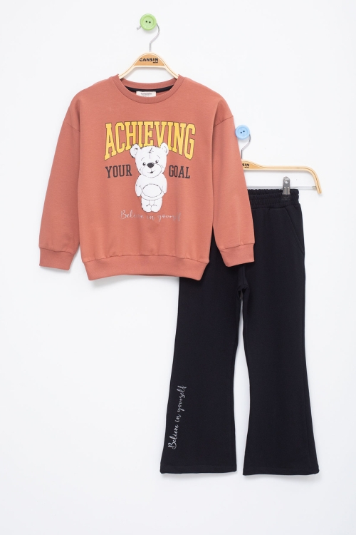 Kiremit Ayıcık Baskılı İspanyol Paça Pantolonlu Kız Çocuk Takım 19052