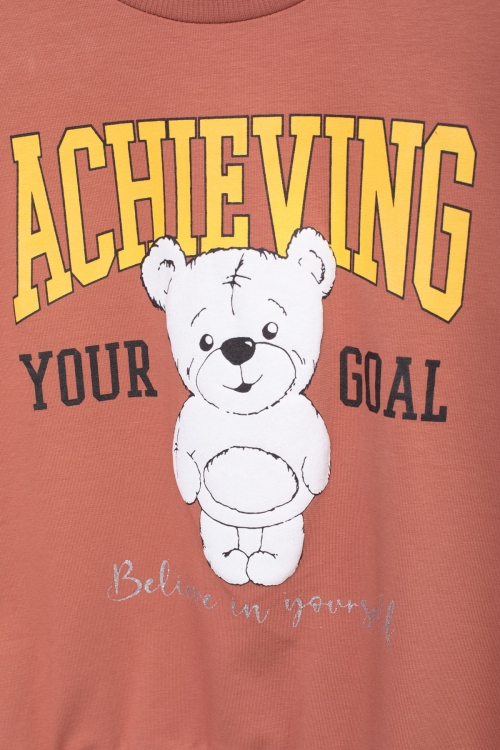 Kiremit Ayıcık Baskılı İspanyol Paça Pantolonlu Kız Çocuk Takım 19052