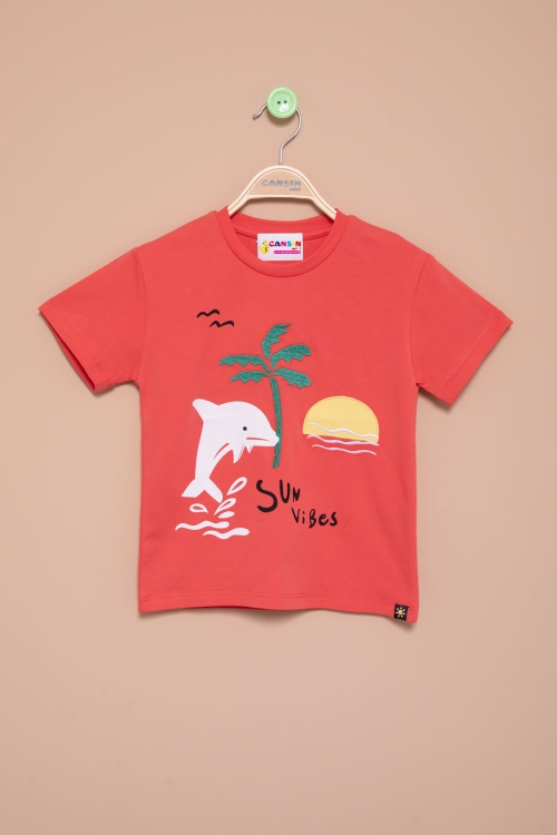 Kiremit Balık Baskılı Nakışlı Erkek Bebek Bisiklet Yaka Tişört 20946