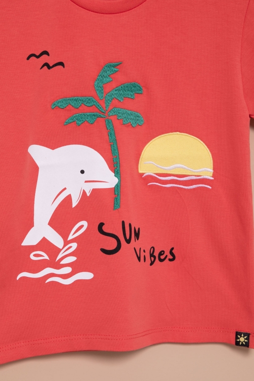 Kiremit Balık Baskılı Nakışlı Erkek Bebek Bisiklet Yaka Tişört 20946