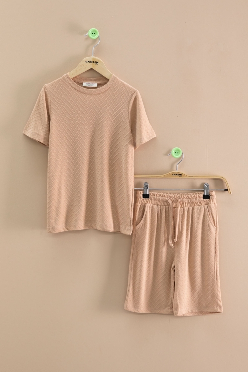 Kiremit Çizgi Desenli Bisiklet Yaka Tişörtlü Erkek Çocuk Şortlu Takım 20788