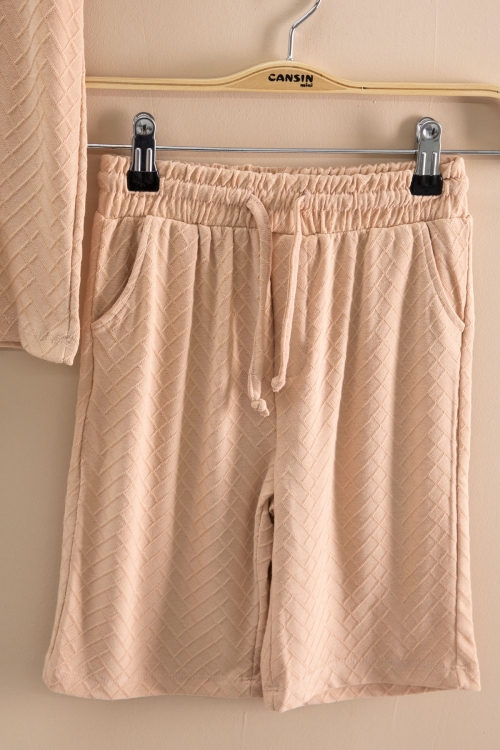 Kiremit Çizgi Desenli Bisiklet Yaka Tişörtlü Erkek Çocuk Şortlu Takım 20788