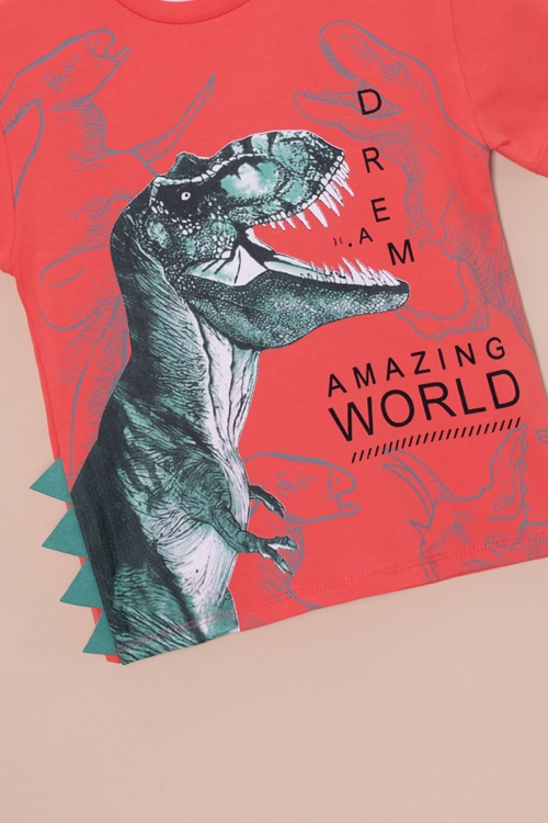 Kiremit Dinozor Baskılı Bisiklet Yaka Erkek Bebek Tişört 20953