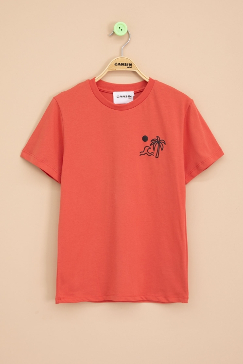 Kiremit Palmiye Baskılı Sırtı Yazılı Erkek Çocuk Kısa Kol Tişört 20928