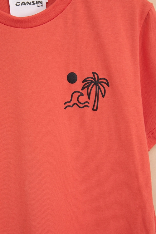 Kiremit Palmiye Baskılı Sırtı Yazılı Erkek Çocuk Kısa Kol Tişört 20928