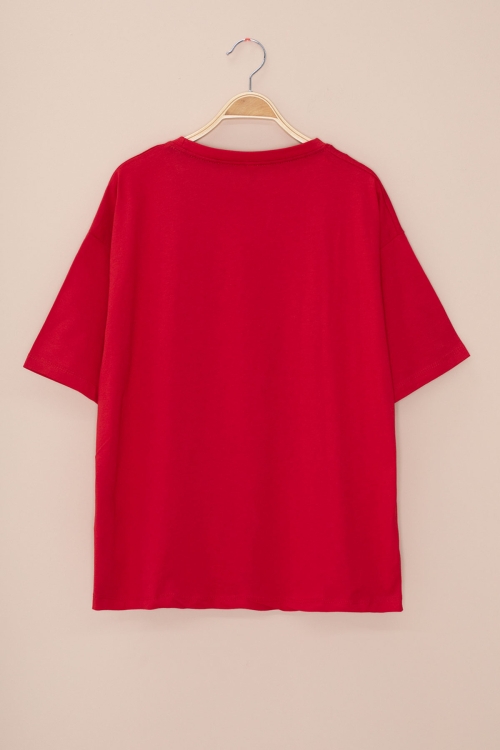 Kırmızı Dondurma Baskılı Taşlı Kız Çocuk Kısa Kol Oversize Tişört 20794