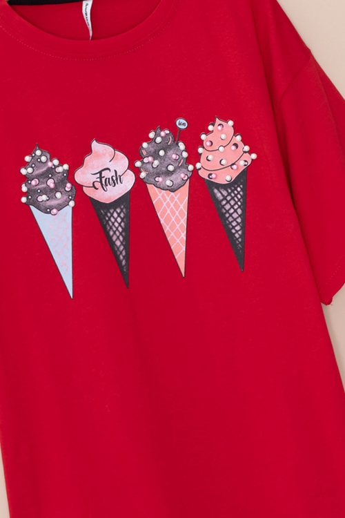 Kırmızı Dondurma Baskılı Taşlı Kız Çocuk Kısa Kol Oversize Tişört 20794