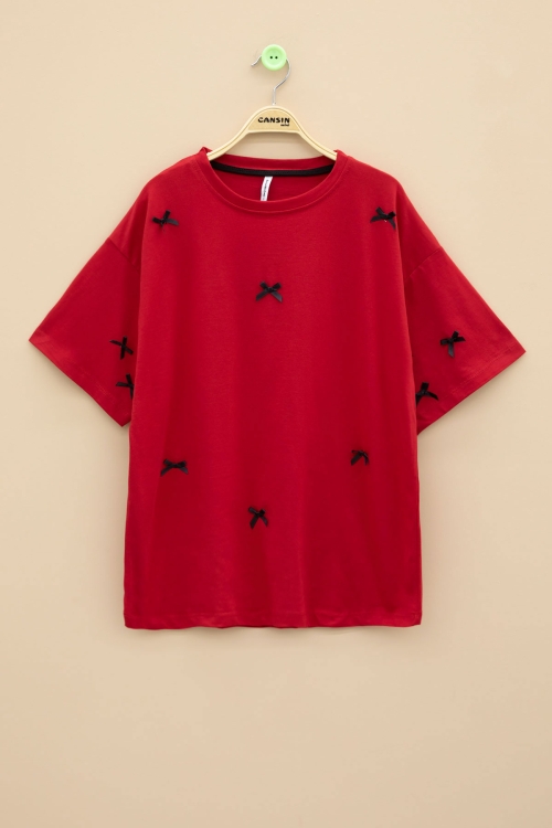 Kırmızı Fiyonk Nakışlı Kısa Kol Kız Çocuk Oversize Tişört 20799