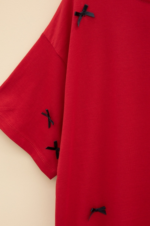 Kırmızı Fiyonk Nakışlı Kısa Kol Kız Çocuk Oversize Tişört 20799