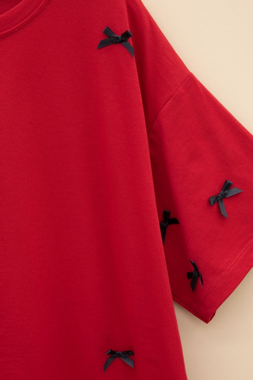 Kırmızı Fiyonk Nakışlı Kısa Kol Kız Çocuk Oversize Tişört 20799