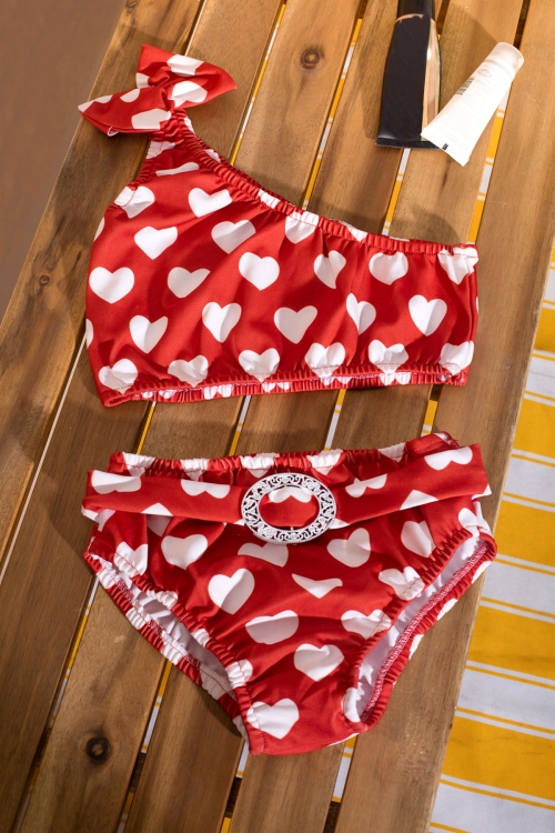 Kırmızı Kalp Desenli Kemer Detaylı Kız Çocuk Mayo Takımı 21070
