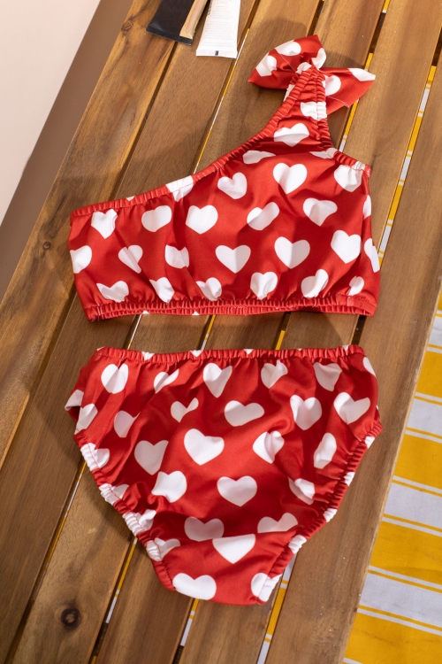 Kırmızı Kalp Desenli Kemer Detaylı Kız Çocuk Mayo Takımı 21070