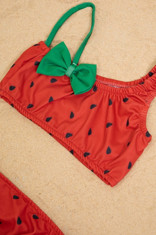 Kırmızı Karpuz Desenli Fiyonklu Kız Çocuk Omuz Askılı Mayo Takımı 21113