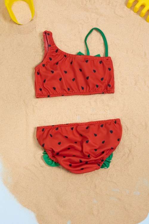 Kırmızı Karpuz Desenli Fiyonklu Kız Çocuk Omuz Askılı Mayo Takımı 21113