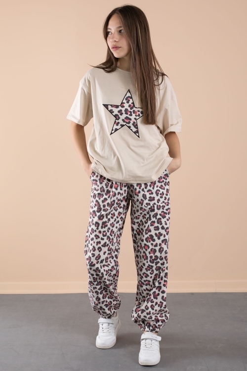 Kırmızı Leopar Desenli Paraşüt Ceketli Bisiklet Yaka Tişörtlü Kız Çocuk 3lü Takım 20639