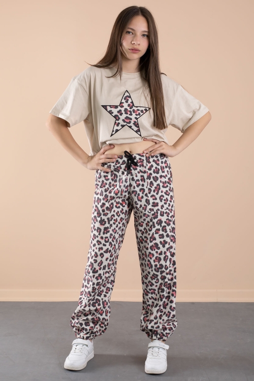 Kırmızı Leopar Desenli Paraşüt Ceketli Bisiklet Yaka Tişörtlü Kız Çocuk 3lü Takım 20639