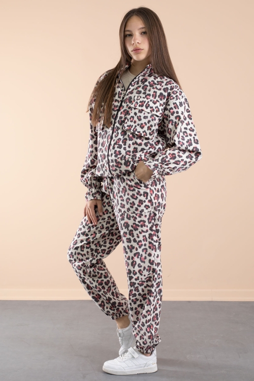 Kırmızı Leopar Desenli Paraşüt Ceketli Bisiklet Yaka Tişörtlü Kız Çocuk 3lü Takım 20639