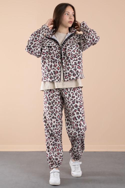 Kırmızı Leopar Desenli Paraşüt Ceketli Bisiklet Yaka Tişörtlü Kız Çocuk 3lü Takım 20639