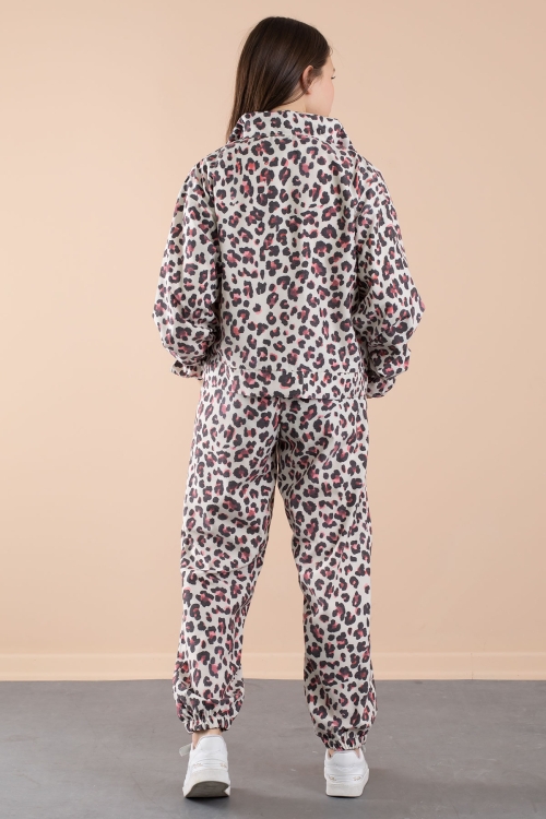 Kırmızı Leopar Desenli Paraşüt Ceketli Bisiklet Yaka Tişörtlü Kız Çocuk 3lü Takım 20639