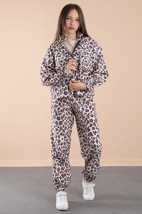 Kırmızı Leopar Desenli Paraşüt Ceketli Bisiklet Yaka Tişörtlü Kız Çocuk 3lü Takım 20639