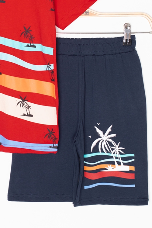 Kırmızı Palmiye Desenli Bisiklet Yaka Erkek Çocuk Şortlu Takım 20623