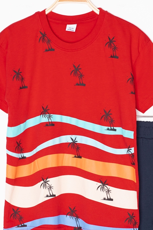 Kırmızı Palmiye Desenli Bisiklet Yaka Erkek Çocuk Şortlu Takım 20623