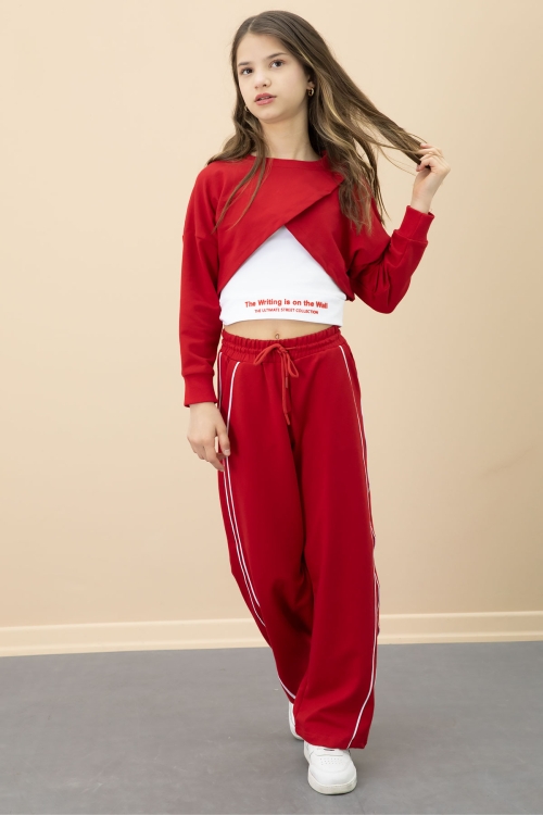 Kırmızı Şerit Detaylı Geniş Paça Croplu Kız Çocuk 3lü Takım 20704