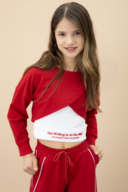 Kırmızı Şerit Detaylı Geniş Paça Croplu Kız Çocuk 3lü Takım 20704