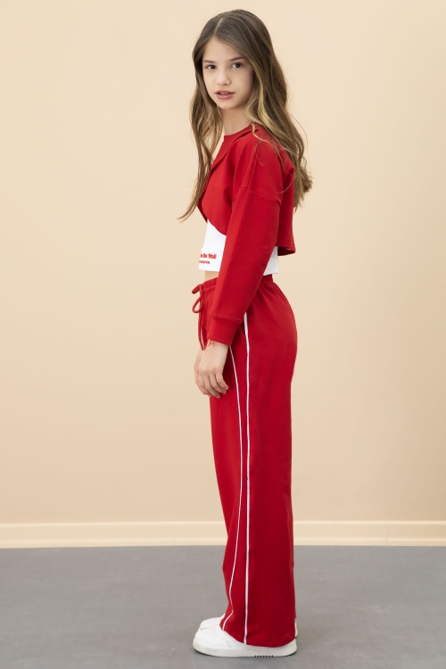 Kırmızı Şerit Detaylı Geniş Paça Croplu Kız Çocuk 3lü Takım 20704