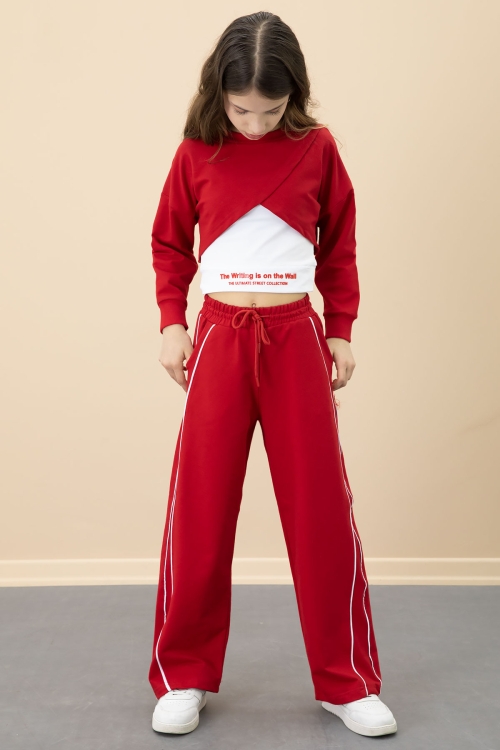 Kırmızı Şerit Detaylı Geniş Paça Croplu Kız Çocuk 3lü Takım 20704