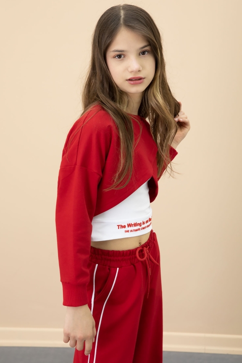 Kırmızı Şerit Detaylı Geniş Paça Croplu Kız Çocuk 3lü Takım 20704