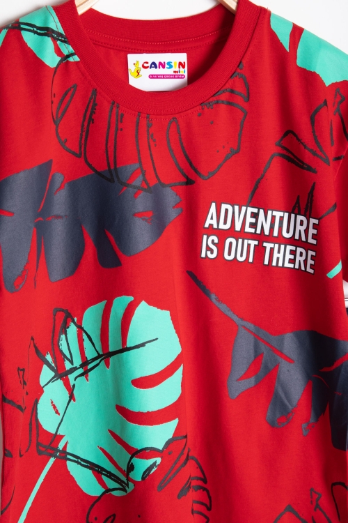 Kırmızı Yaprak Baskılı Bisiklet Yaka Erkek Çocuk 2li Şortlu Takım 21060