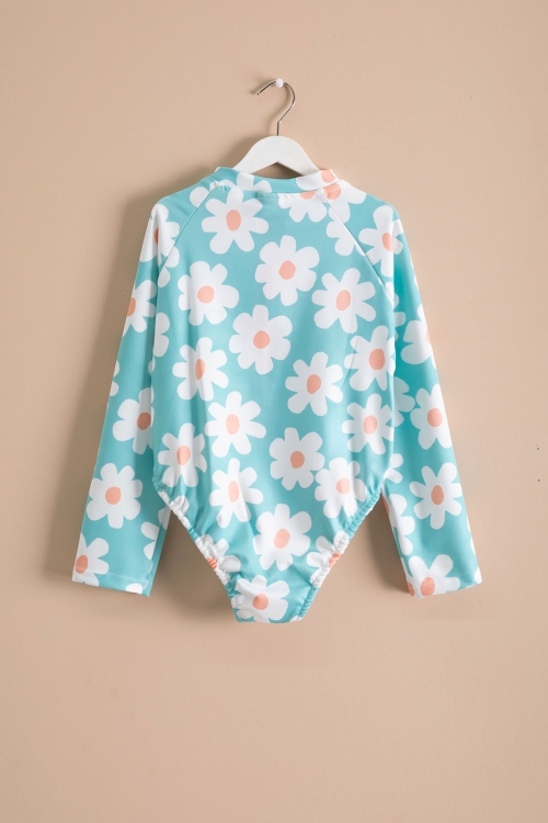 Kız Çocuk Çiçek Baskılı Su Yeşili Mayo 21127